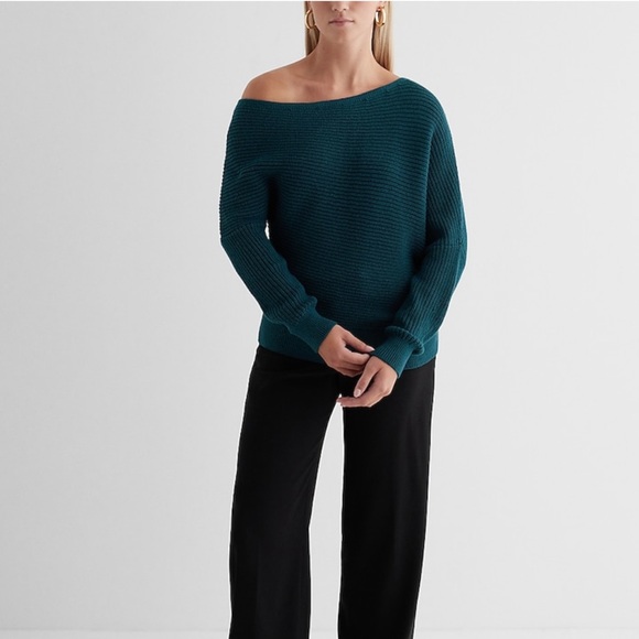 Express Womens Asymmetrical Off the Shoulder Long Sleeve Sweater Medium Teal - Picture 4 of 10